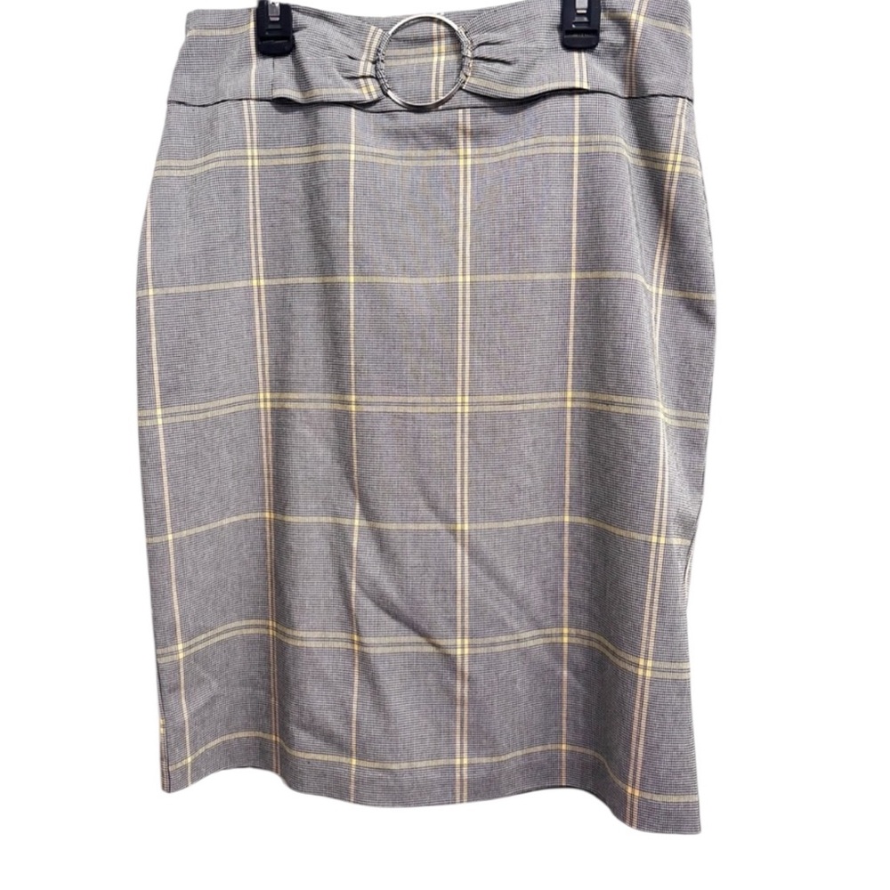 NWOT Soho Apparel M Stretch Gray Yellow Black White Plaid Belted Pencil Skirt.